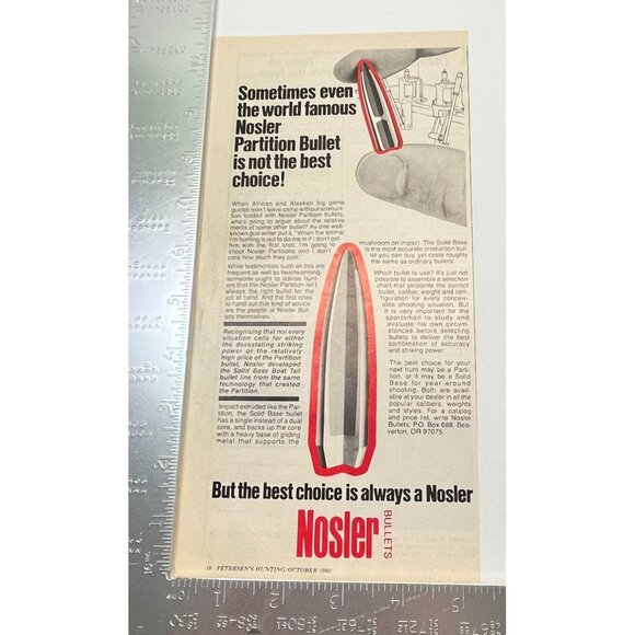 Nosler Bullets Print Ad Vintage 1980 Partition Ammo Beaverton OR Hunting - Picture 2 of 5